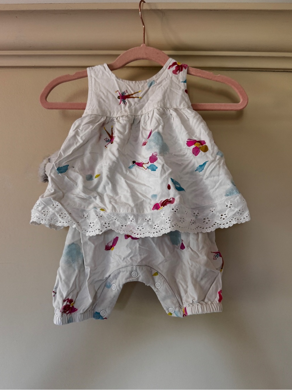 Joules White Eyelet Romper Dress with Fairy Watercolor Print